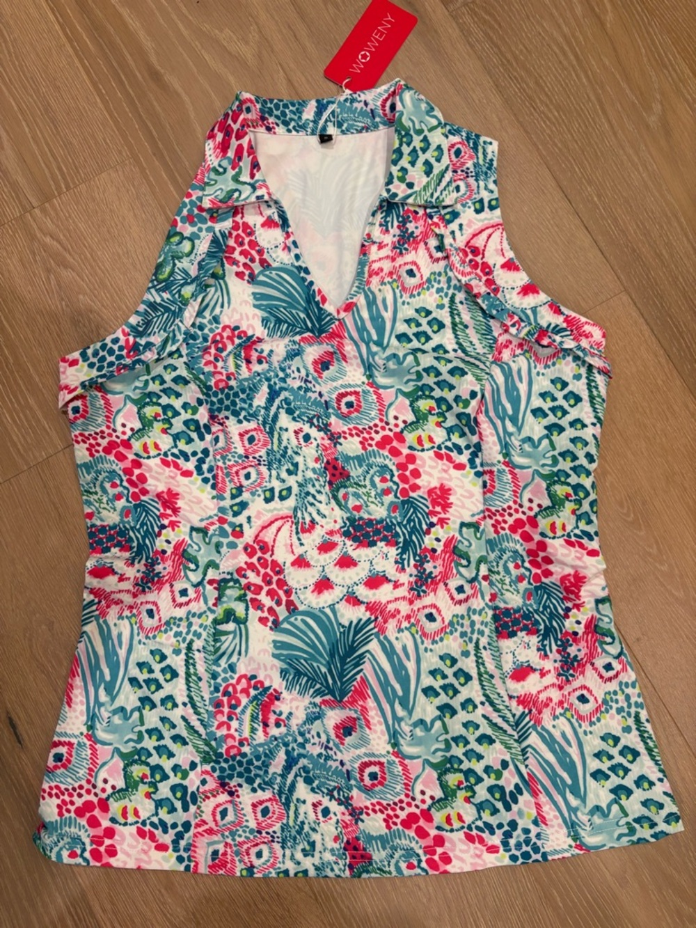 Sleeveless V-Neck Tropical Print Top - Multi Pink & Teal